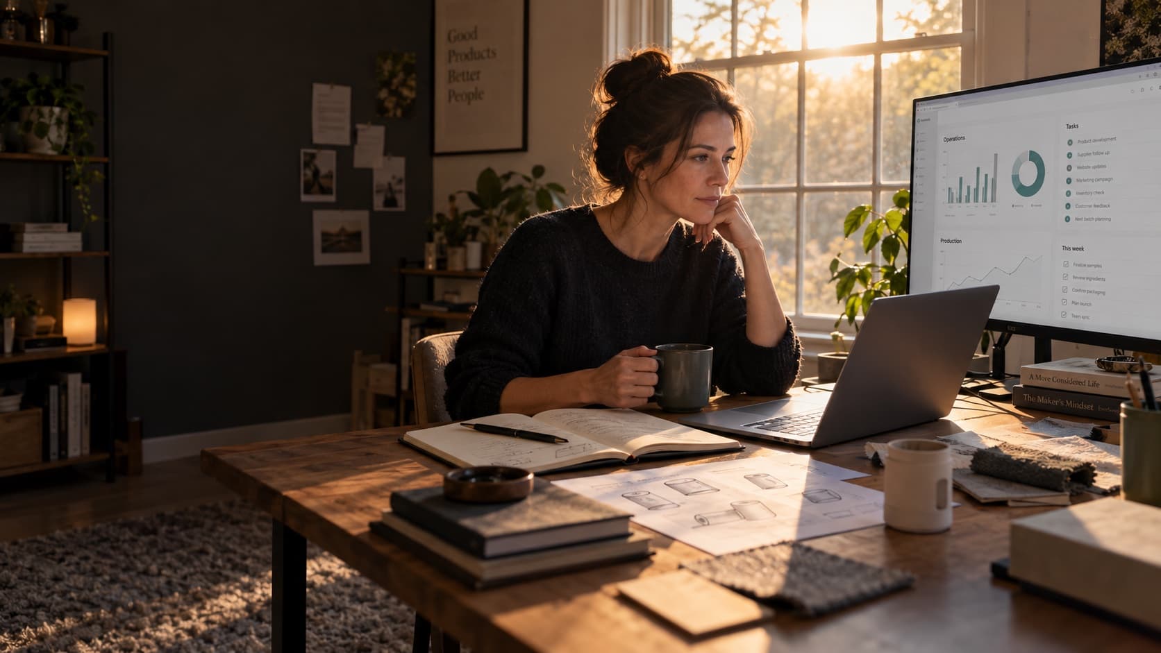 A founder reviewing company operations with Libra5 in an early morning workspace